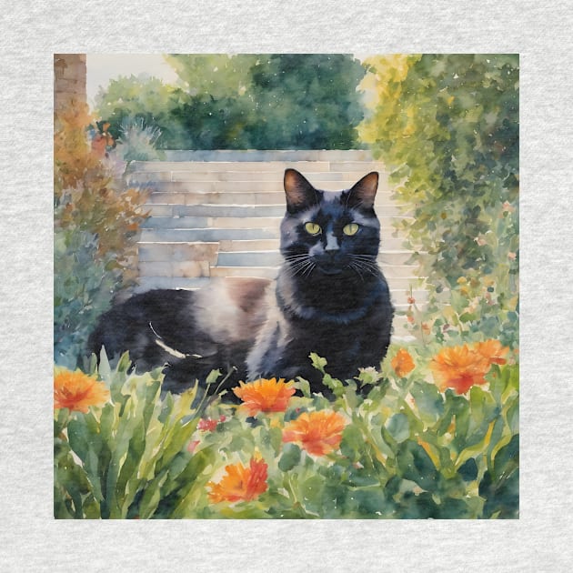 Black Cat In Garden Watercolour Cat Art by vanityvibes